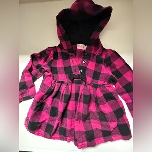 Baby Q Long Sleeved Dress with Hood, Plaid Pink & Black, 5T.